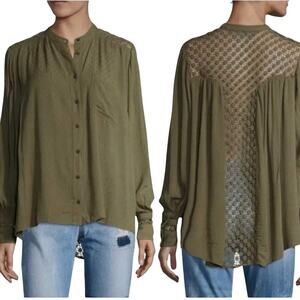 Free People The Best Blouse Green Crochet Back long sleeve size small